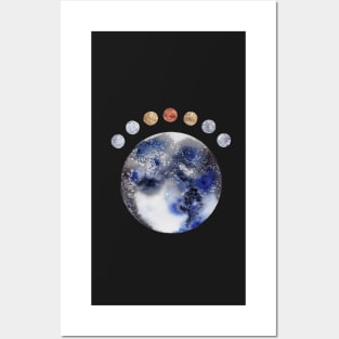 Abstract Planet Moons in Black, Blue. Gold, Silver, and Copper Posters and Art